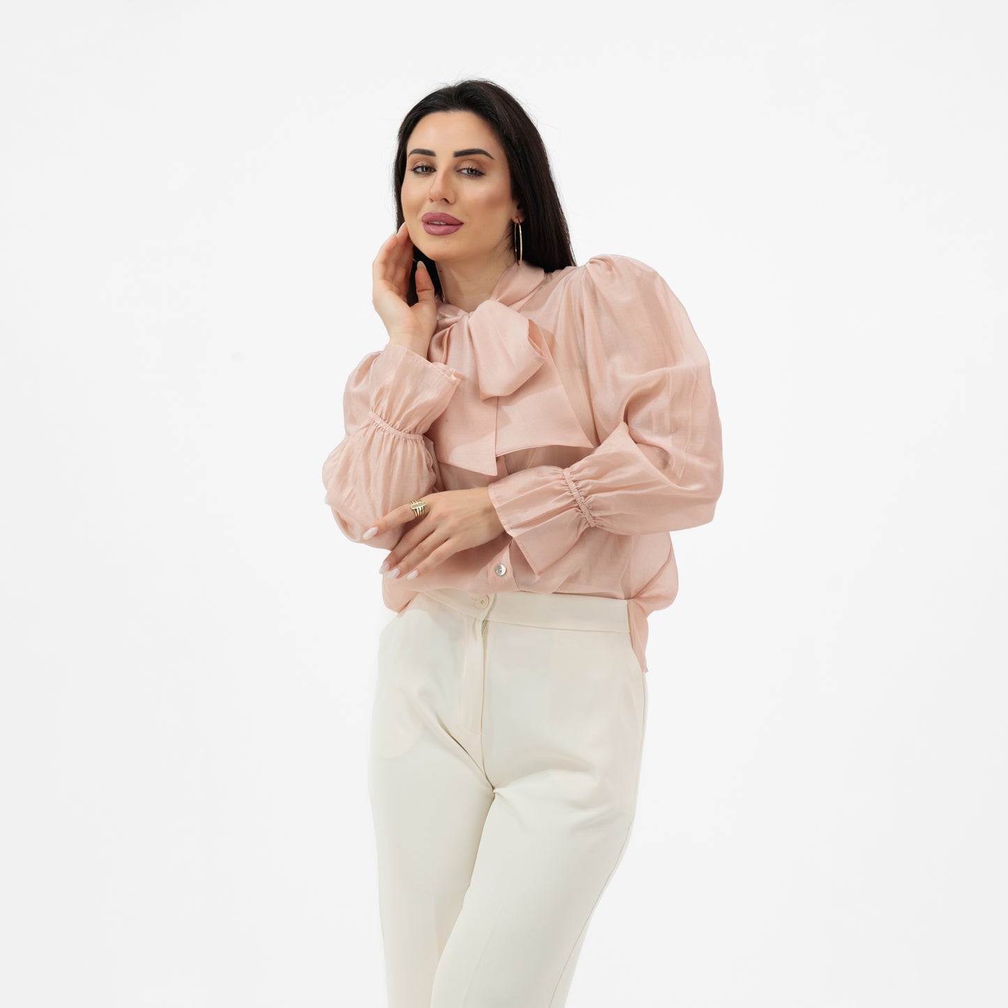 ELEGANT BEIGE BOW-TIE BLOUSE