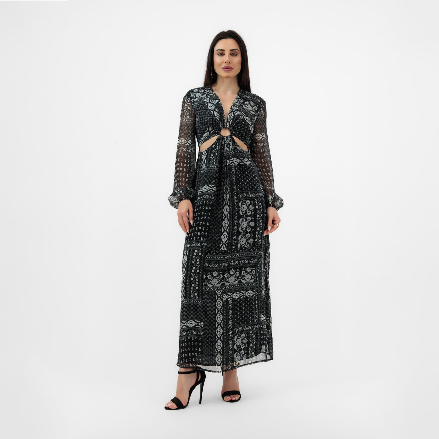 LONG SLEEVE PRINTED MAXI DRESS WITH SIDE CUT-OUTS