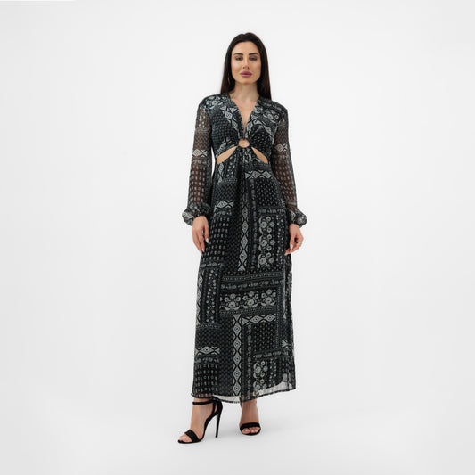 LONG SLEEVE PRINTED MAXI DRESS WITH SIDE CUT-OUTS