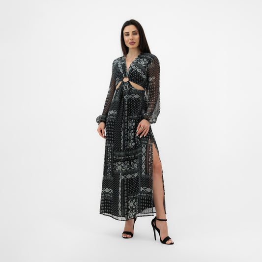 LONG SLEEVE PRINTED MAXI DRESS WITH SIDE CUT-OUTS