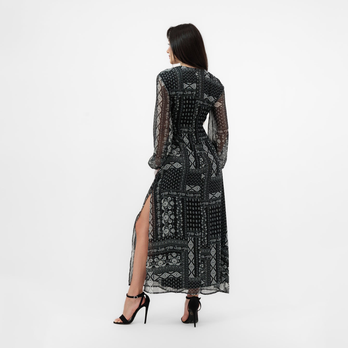 LONG SLEEVE PRINTED MAXI DRESS WITH SIDE CUT-OUTS